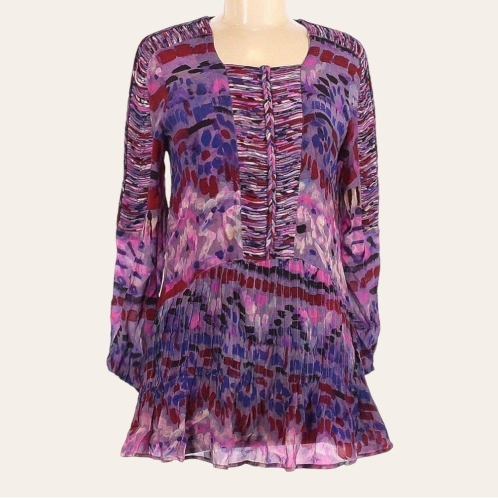 Anthropologie Chloe Oliver Boho Watercolor Mini Dress XS Purple Pink L/S